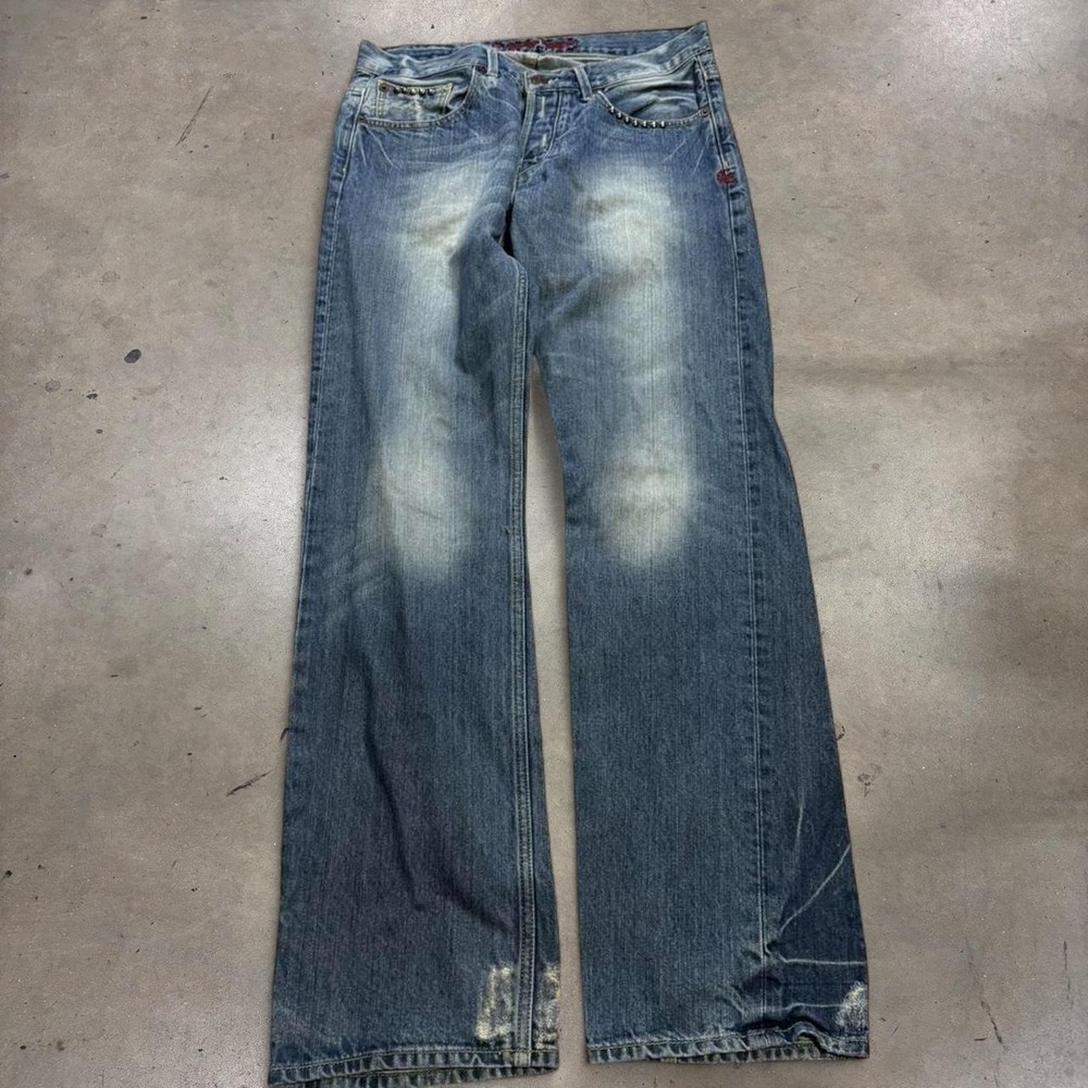 Christian Audigier Mens Y2K Slim Bootcut Blue Distressed Jeans 33 x 32.5